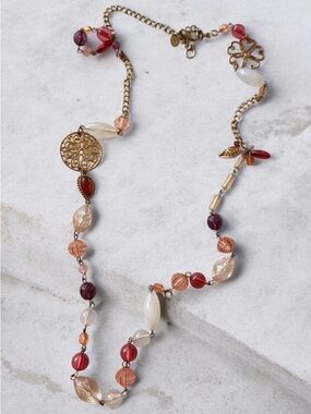 Signed Gold Tone Beaded Necklace with Pink, Red & Cream Accents